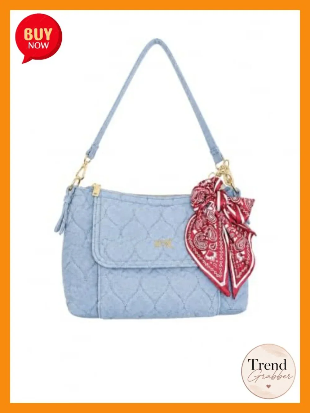 Heart Quilted Denim Shoulder Bag with Convertible Crossbody Strap, Scarf Charm